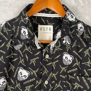 VSTR Premium Mens Panda Bandana Bamboo Print Button Down Shirt Black Large